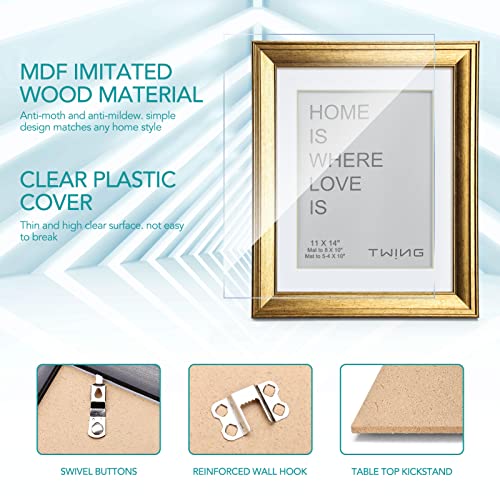 Twing 11X14 Picture Frame Gold Displays 8X10 Photo Frame With Mat Or 11X14 Without Mat,Made Of Plexiglass, Mdf Wood, Wall Mounting Only, Ideal Gift To Family And Friends #TOP2