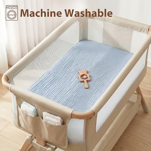 Image of Muslin Bassinet Sheet Compatible with Mika Micky & Baby Delight Bedside Sleeper - 100% Cotton Rectangular Mattress Pad Cover (35 inchx20 inch), Breathable & Soft, Boho (1 Pack Blue)