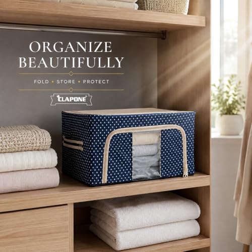 Image of CLAPONE Foldable Steel Frame Cloth Organizer Storage Box and Organiser /Wardrobe Organizer for Storage /almirah for Sarees /Shirts /Blankets /Clothes Storage Box (Blue, 66 Ltr - Pack of 2)