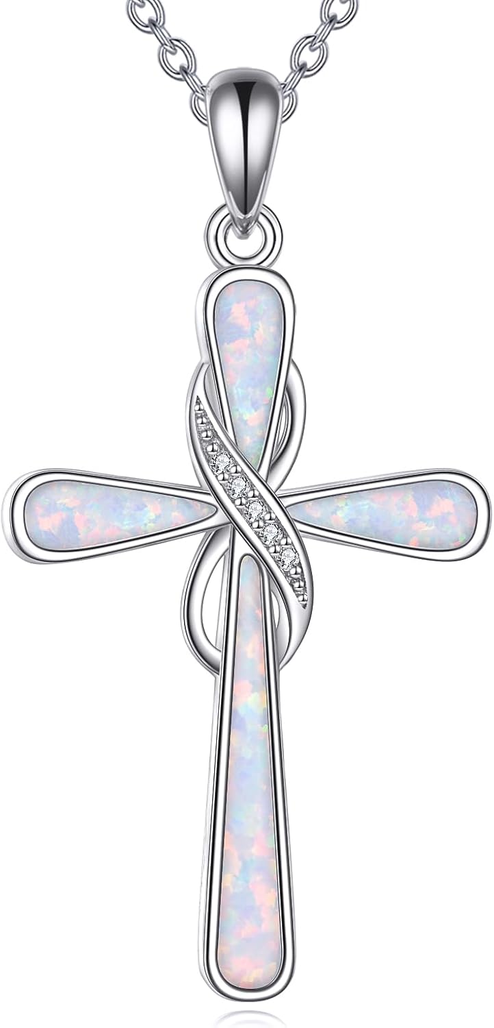 LUHE Cross Necklace for Women Sterling Silver Cross Pendant Necklace Opal Jewelry Religious Jewelry Christian Gifts