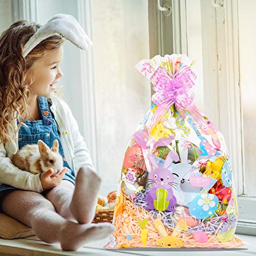 Kolewo4Ever 20Pcs Basket Bags Pull Bow Set 10 Pieces Easter Cellophane Wrap Plastic Bag 10 Pieces Easter Theme Pull Bow For Gifts Baskets Party Festivals (12X18 Inch) #TOP6