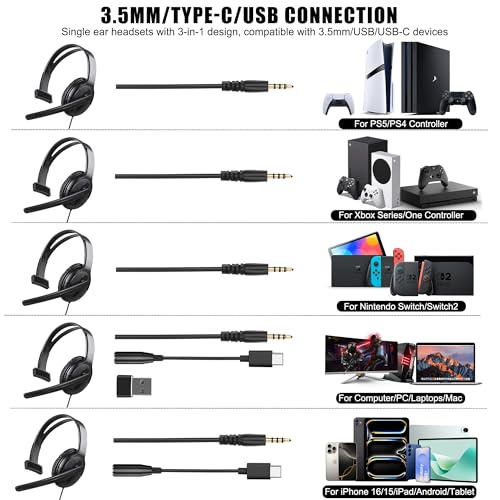 Image of Wired One Ear Headset with Mic, 3.5mm /Type-C /USB Gaming Headset for PS5 /PS4 /Xbox /Switch /PC /iPhone /iPad /Mac /Tablet /Android, Single Ear Game Chat Headphone for Office Business Work Teams Call Center
