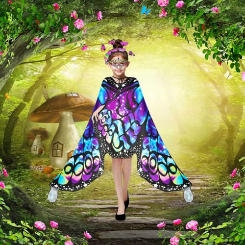 AUYAO Kinder Feenflügel Kostüm 4PC Schmetterlings Flügel Set Mädchen mit Maske Haarreif Tattoo Schmetterling Umhang Flügel Prinzessinnenflügel Schmetterlings Elfen Fee Anzieh Schmetterling Kostüm (A)