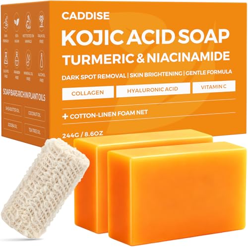 Kojic Acid Turmeric Soap Bars – Dark Spot Remover & Skin Care, Handmade Face & Body Wash Bars with Niacinamide, Shea Butter, Tea Oil, Vitamin C (2 Pack, 8.5 Oz)