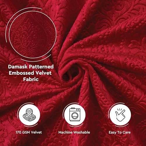 Image of Encasa XO Embossed Velvet Fabric Material by Meter Red | Sofa Cloth Material | Unstitched Fabric for Making Cushion Cover, Sofa Cover | 175 GSM | 3 Meters, 300x150 cm