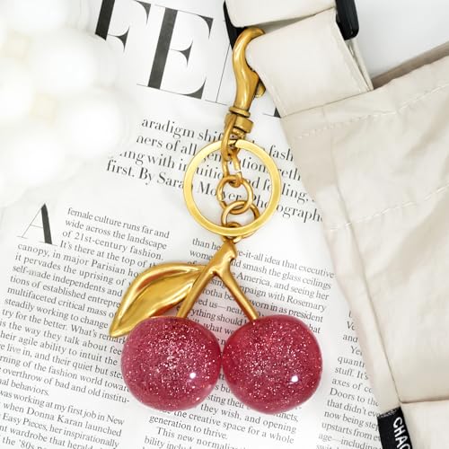 SKYFUN Cherry Keychain for Women Glitter Cherry Bag Charm Key Chain for Purse Wallet Handbag Backpack Jewelry Accessories Gift for Birthday Christmas Valentines Day, Alloy Pink