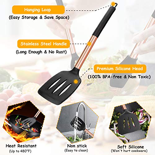 Silicone Cooking Utensil Set, 14pcs Kitchen Utensils Set Non-stick Heat Resistant Cookware Copper Stainless Steel Handle Cooking Tools Turner Tongs Spatula Spoon - BPA Free, Non Toxic - Thumbnail 3