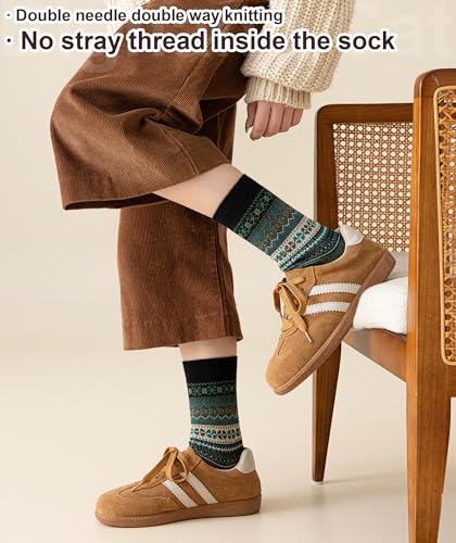 Image of IIG 3-5 Pairs Womens Vintage Cozy Crew Socks Soft Cute Neutral Cotton Socks Exquisite Patterns Socks Gift