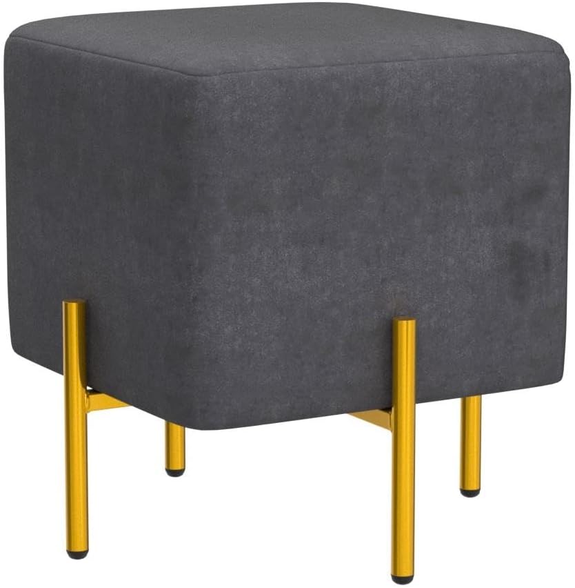 Kirpi Velvet Foot Stool Square Ottoman Set of 2, Black Modern Luxury Vanity Stool, Comfy Foot Rest, Soft Fabric Upholstered Seat with Gold Metal Legs (Black)