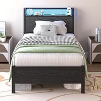 BORPHOM 3ft Single Bed Frame with Storage Headboard Shelf,LED Lights,Charging Station,Heavy Duty Metal Bed Frame Single Bed,Strong Steel Slats Support,Noise Free/Easy Assembly/Black Bed