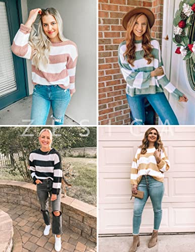 Zesica Women's Long Sleeve Crew Neck Striped Color Block Comfy Loose Oversized Knitted Pullover Sweater,Green,Large #TOP6