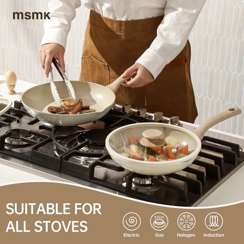 Image of MsMk 9.5 Inch Ceramic Nonstick Frying pan with Lid, Beige Cooking Skillet