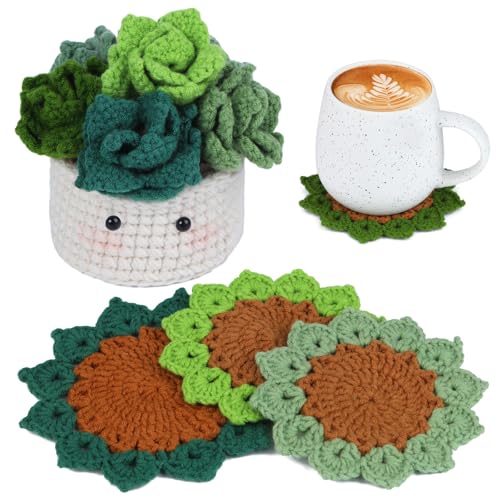 MASPHY Anfänger Häkelset 6-Teiliges Set Teetasse Matte Häkelset Einschließlich Garn Zubehör Schritt-für-Schritt Video Tutorial für Erwachsene Anfänger