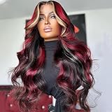 Yuumii Black Red Blonde Highlight Wig Human Hair 13X4 Transparent Lace Front Human Hair Wigs Pre Plucked with Baby Hair 180% Density Blonde Red Highlights Wig Body Wave Lace Front Wig 26 Inch