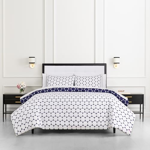 Image of kate spade new york Joy Dot Full /Queen Comforter Set, 300 Thread Count and 100% Cotton Cover, All Season 3 Piece Reversible Bedding Set, Machine Washable, Navy and White