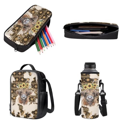 Highland Cow Print Backpack and Lunch Box for Girls Aztec Sunflower Print Kids Backpack and Pencil Case Set with Water Bottle Bag Crossbody 17 Inch Bookbag Set Back to School Supplies3