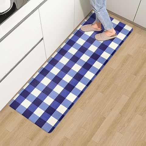 Aoczes Kitchen Mat Anti Fatigue Mats for Kitchen Floor Runner 17.3''x47'' Non Slip Navy and White Buffalo Plaid Kitchen Rug Waterproof Cushion Comfort Mat for Standing Kitchen Sink Desk Laundry Cover
