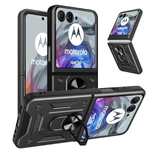 MEMELOKA Funda para Motorola RAZR 50, Armor Carcasa Militar Antiarañazos con 360° Soporte de Anillo, Antigolpes Carcasa con Cubierta de Cámara Deslizante, Negro