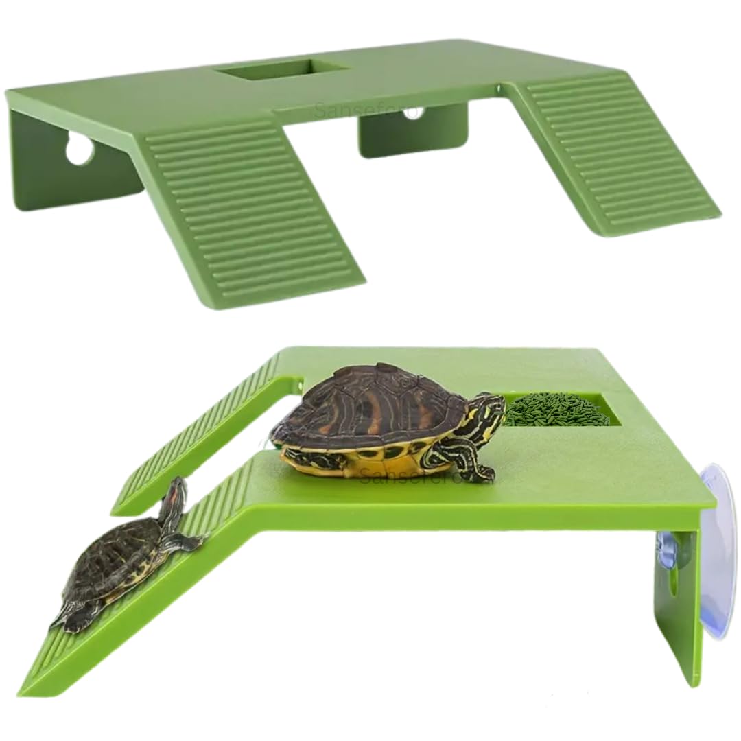 Premier Plants Acrylic Small Turtle Basking Platform Simulation Tortoise Resting Pad Terrace with Artificial Grass Lawns Climbing Ladder (CP-80) (Double Ladder Large)
