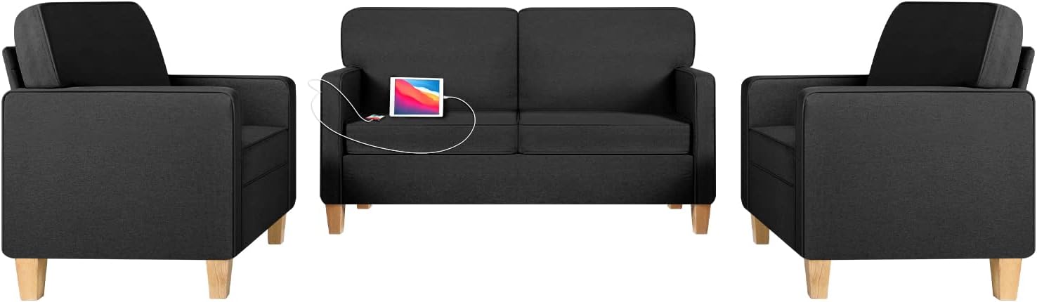 AODAILIHB 3 Piece Sofa Set Living Room Furniture Sets with 2 USB Charging Ports, Upholstered Sectional Couch Sets, Loveseat & 2 Accent Chairs, Grey Couches Apartment Office Small Space (3, Dark Grey) : Home & Kitchen