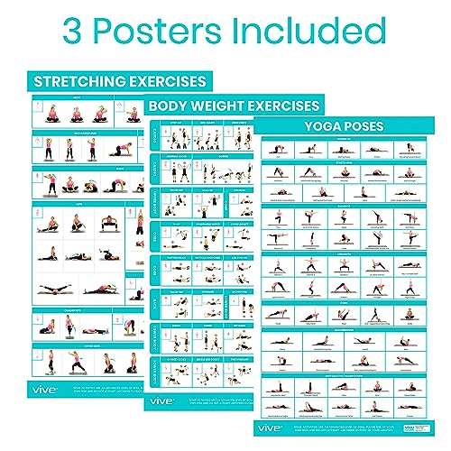 image for Vive Workout Posters for Home Gym (3 Pack) - Bodyweight, Yoga Poses, S
