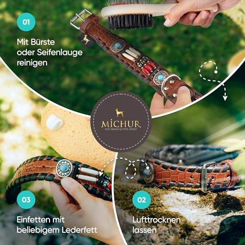 MICHUR Carlota Halsband Indianer, Hundehalsband Leder Braun, Lederhalsband Hund, Halsband, MIT TÜRKISEN Steinen, in verschiedenen Größen erhältlich