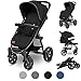 Lionelo Annet passeggino leggero pieghevole grigio regorabile con posizione sdraiata con ruote EVA cappottina XXL con zanzariera coprigambe portabibite fino 22 kg (BLACK CARBON, PLUS)