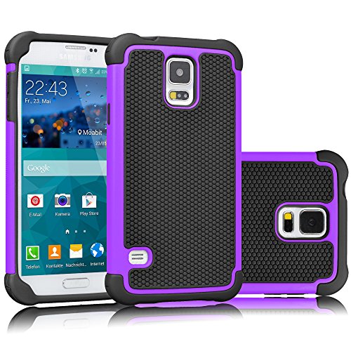 Tekcoo Galaxy S5 Case, [Tmajor] Sturdy [Purple/Black] Shock Absorbing Hybrid Rubber Plastic Impact Defender Rugged Slim Hard Case Cover Bumper for Samsung Galaxy S5 S V I9600 GS5 All Carriers