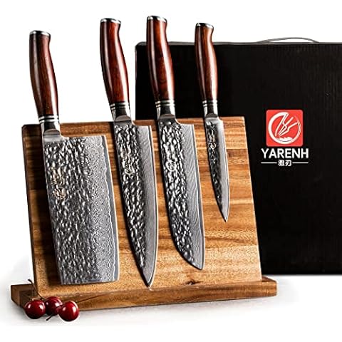 YARENH Cleaver Knife Set with Magnetic Block, Damascus Stainless Steel,73 Layers, 5 Piece Professional Sharp Kitchen Knife Set for Chef, Full Tang, Sandalwood Wood Handle Cover