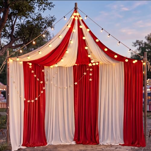 HunnmingRe 12 Pcs Circus Party Backdrop Decorations 2.5 x 10 ft Red and White Carnival Tent Photography Background Curtain for Circus Theme Party Outdoor Photo Props Birthday Decor