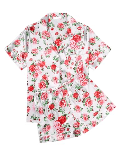 Image of Ekouaer Womens Silk Satin Pajama Sets Soft Short Sleeve Button Down Sleepwear Top and Shorts 2 Piece Pjs Lounge Set,Floral White Red,M
