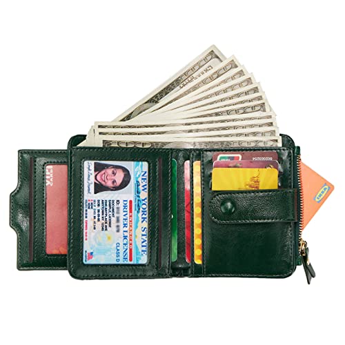 Image of Women's RFID Mini Soft Leather Bifold Wallet With ID Window Card Sleeve Coin Purse, Waxed Green, Modern