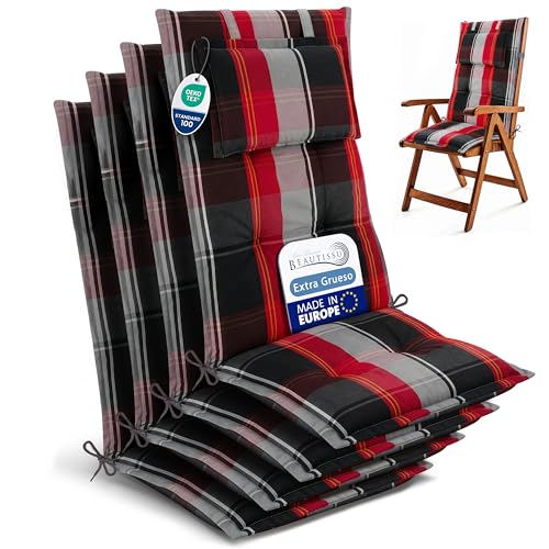 Beautissu Set de 4 Cojines para Sillas de Balcón con Respaldo Alto 120x50cm – Almohadillas de 7cm para Exterior, Tumbonas y Terrazas – HighLux HL – Negro-Rojo-Blanco a Cuadros – Hecho en la UE