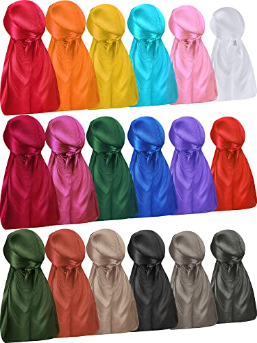 Geyoga 18 Pcs Silky Durag Headwraps Dorag for Men Women Waves Durags Pack with Long Tail and Wide
