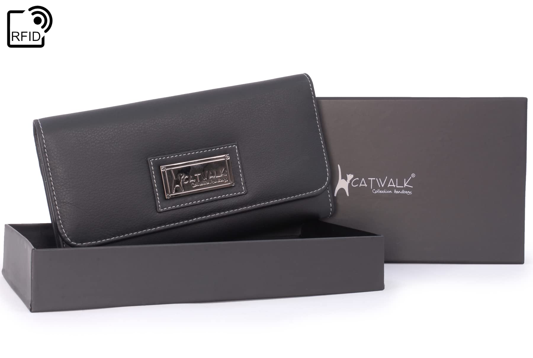 Catwalk Collection Handbags - Duża Skórzana Portmonetka Dla Kobiet - Kieszenie na 14 Kart Kredytowych i Monety - Ochrona RFID - Gemma - Czarny