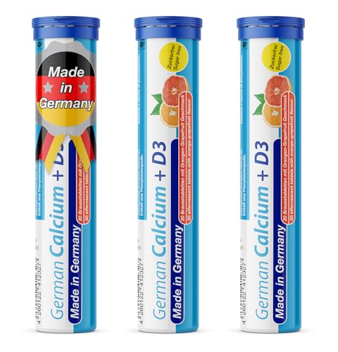 German Calcio + Vitamina D3 - Pastillas efervescentes (60 unidades, sabor a naranja-pomelo, 500 mg de calcio, 2,5 μg de vitamina D3, T&D Pharma, fabricado en Alemania)