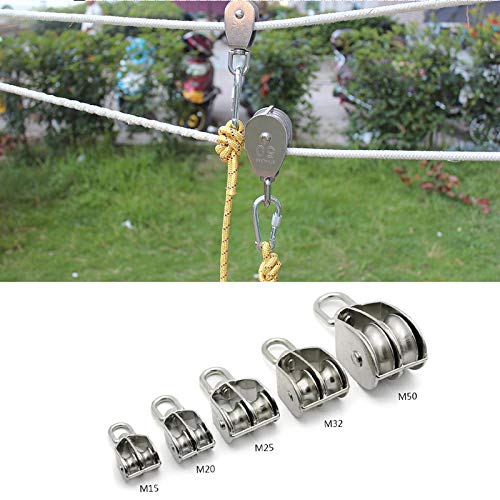 Jcbiz 1-Pack M15 Double Pulley Block Stainless Steel Heavy Duty Hardware Double Wheel Swivel Rigging Lifting Wheel Fixed Pulley For Wire Rope Loading 35Kg #TOP3