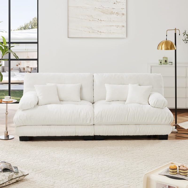94.4" Loveseat Sofa, Modern Chenille Comfy Cloud Sectional Couch with 2 Lumbar Pillows and 2 Throw Pillows, 2-Seater Love Seat Couches with Stable Frame for Small Space Living Room, White