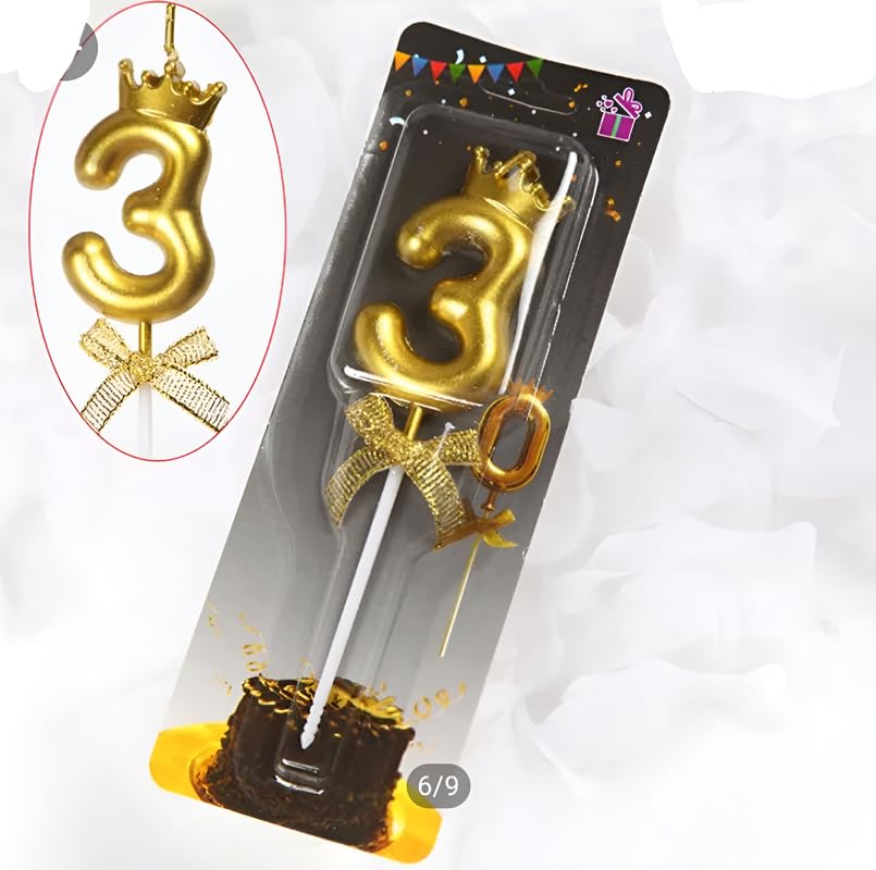 Image of Wax Number Candles With Crown 3 Inch For Birthday Parties, Wedding, Engagement, Valentines Day Celebration, Theme Party, Bachelors Decoration Gold(Numeric 37 Or 73), 2 Pieces