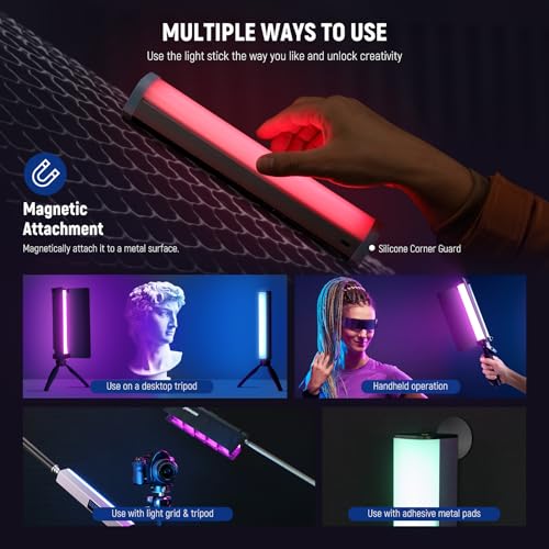 Image of NEEWER RGB1 LED Tube Light Stick with Metal Barndoor, Handle, Touch Bar /APP Control, Magnetic Handheld RGB Video Light, 3200K-5600K CRI98+ Dimmable Photography Lighting with 6400mAh Battery, 17 Scenes