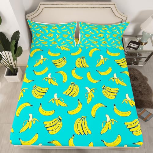 Feelyou Cartoon Banana Bed Sheet Set Tropical Fruit Bedding Sheets for Kids Boys Girls Delicious Banana Fruit Print Bedding Fitted Sheet Soft Bed Cover 1 Bed Sheet Set with 2 Pillowcases Queen Size