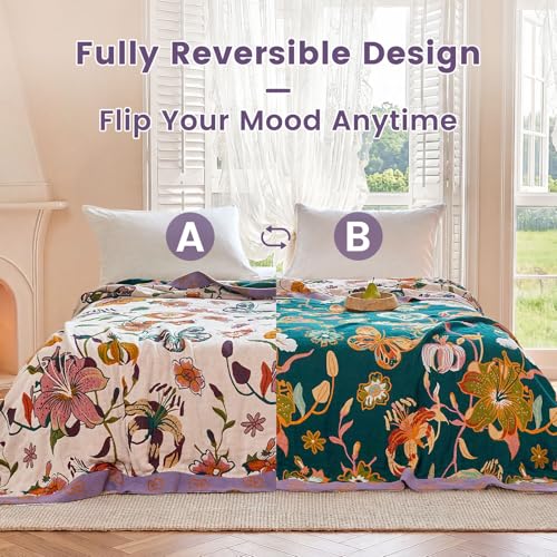 Image of MSGKV Boho Throw Blanket 90 inchx108 inch 100% Cotton Floral Blanket for Bed