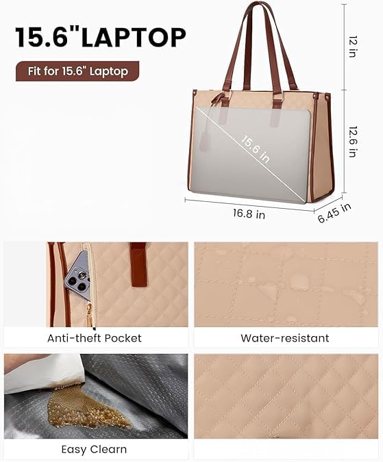 Image of Crewer Elegant Work Bag with Lunch Compartment - Laptop Tote Bag with Lunch Box Section, Office Bag with Insulated Lunch Storage - Stylish Quilted Shoulder Bag for Women.