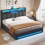 DICTAC Fully Padded Bed 180 x 200 cm with LED Bed Base and USB-C Charging Station – Hydraulic Storage Bed, Headboard with AC+USB Sockets, Slatted Frame for 2 People, Without Mattress - 9