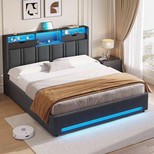 DICTAC Fully Padded Bed 180 x 200 cm with LED Bed Base and USB-C Charging Station – Hydraulic Storage Bed, Headboard with AC+USB Sockets, Slatted Frame for 2 People, Without Mattress - 9