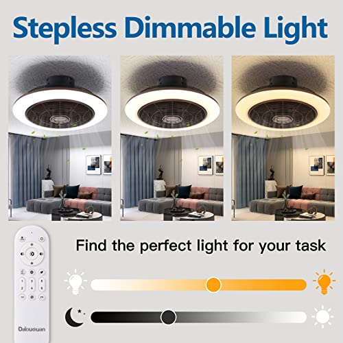 Dalouguan Flush Mount Ceiling Fan With Light Remote Control, 6 Speeds 3 Colors 18" Bladeless Ceiling Fan With Lights, Brown Low Profile Ceiling Fan For Living Room Bedroom Kitchen #TOP1