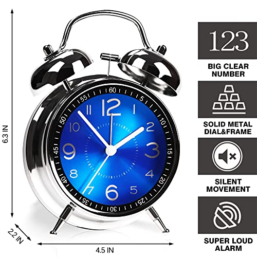 Image of AYRELY Super Loud Alarm Clock for Heavy Sleepers Adults,Twin Bell Retro 4 Inch Silent Non-Ticking Quartz with Backlight, Metal dial, Alarm Clocks for Bedrooms Bedside (Blue)