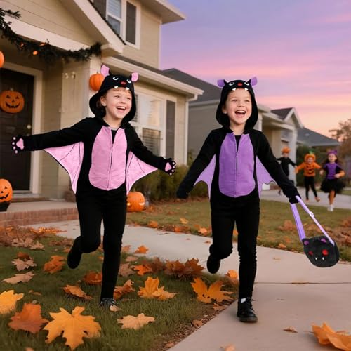Image of Halloween Bat Costume for Boys & Girls, Kids Onesie Costume with Purple Bat Wings, Ears, Paws, Purse Bag, Gifts for Halloween, Dress-Up, Birthday or Any Occasion (5-6Years)