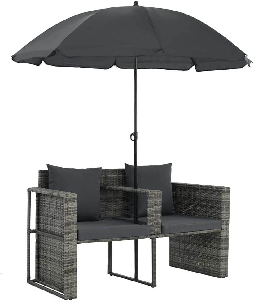 2 Seater Patio Sofa with Cushions and Parasol Gray Poly Rattan Loveseats