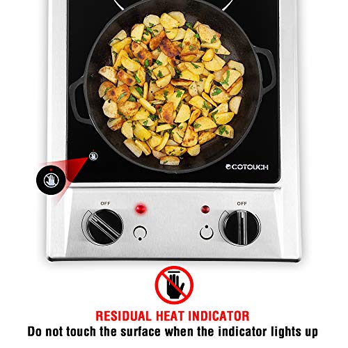 Electric Cooktop, ECOTOUCH 2 burner electric cooktop 120V Stove Top Built In, 12 inch Radiant Cooktop with Stainless Steel, Plug In